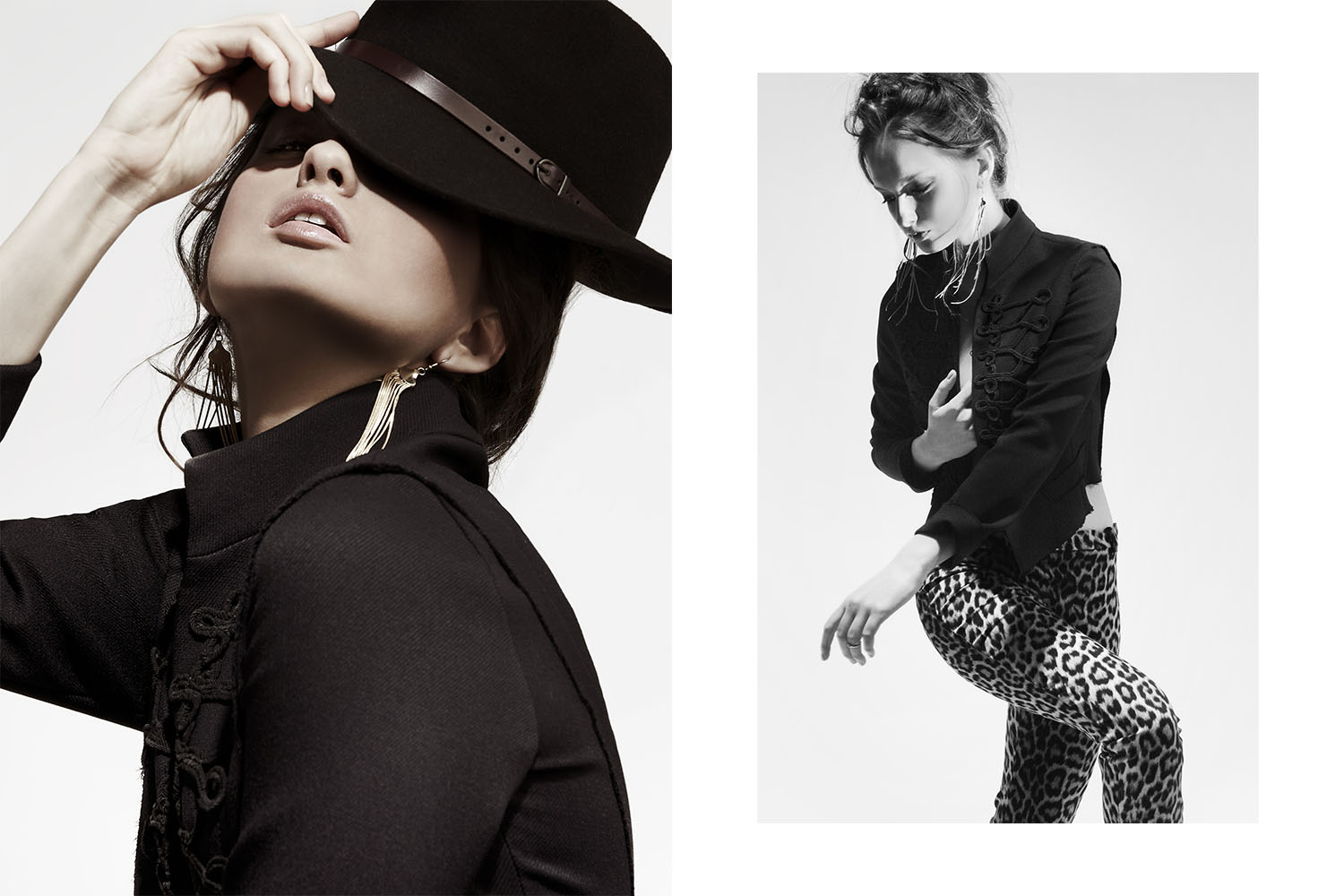 modelo con sombrero y saltando