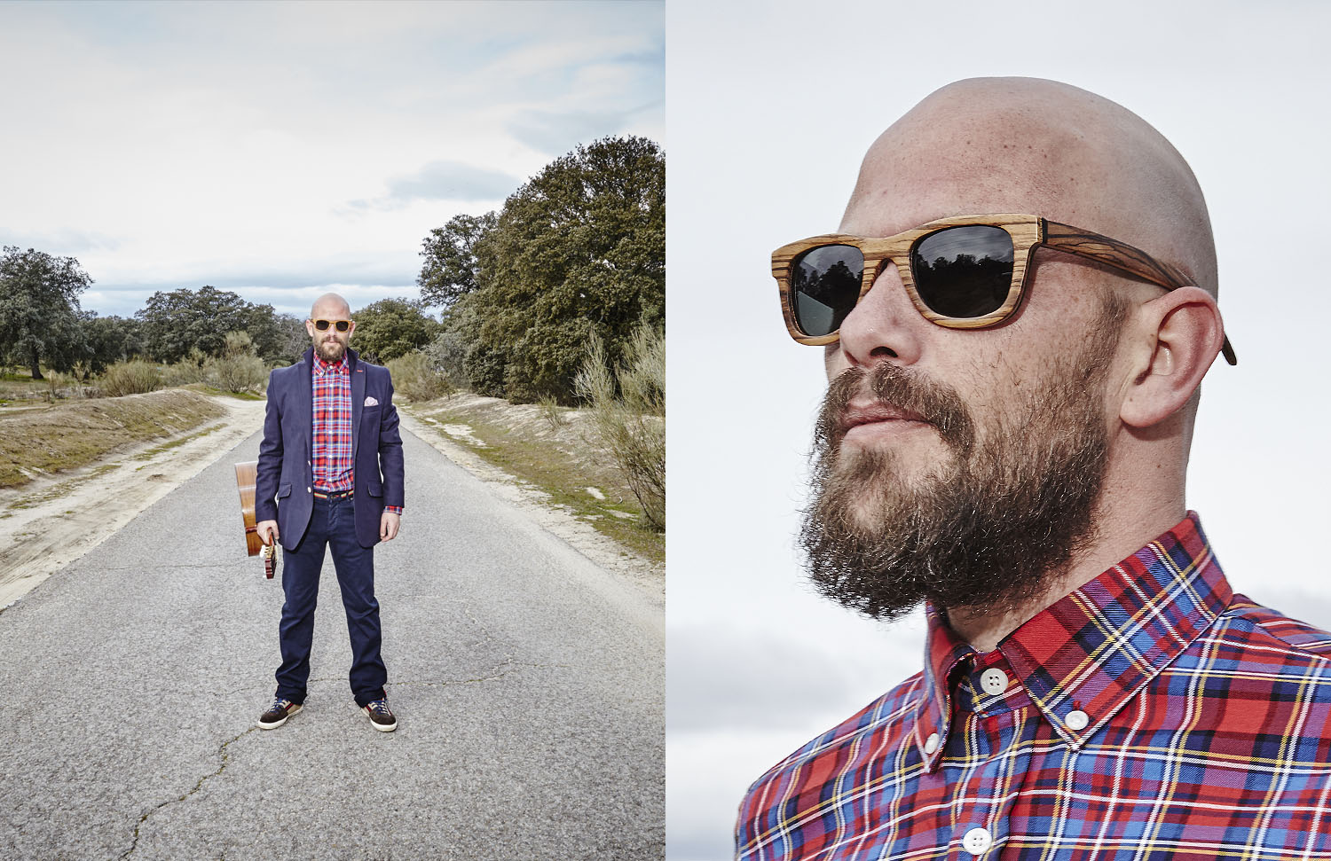modelo en carretera y primer plano gafas de madera
