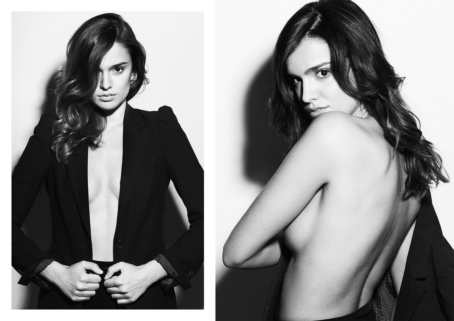 modelo mujer chaqueta negra escote abierto