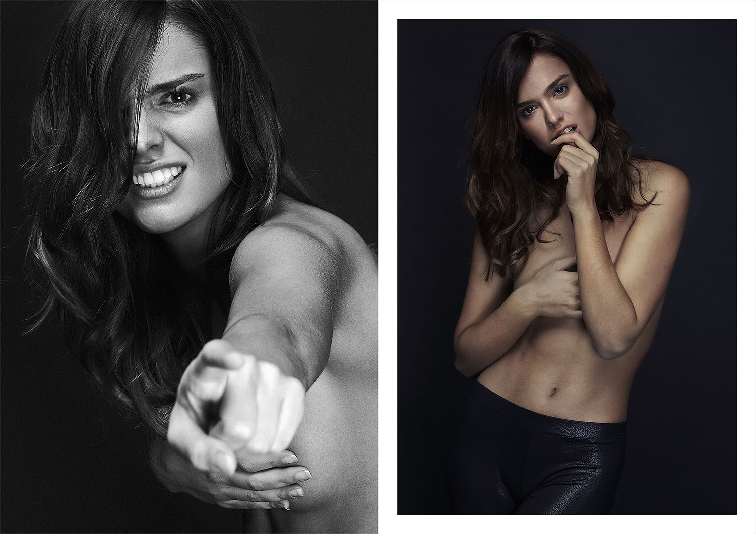 modelo mujer denuda mano en la boca