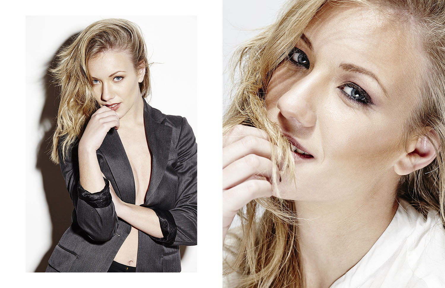 modelo rubia mirada frontal mano en la boca