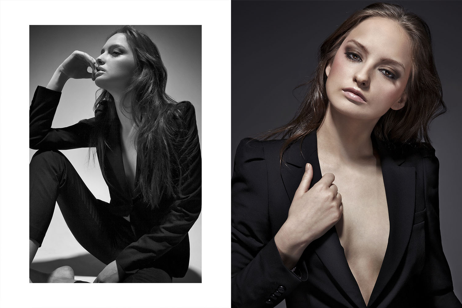 modelo traje negro sentada y de frente